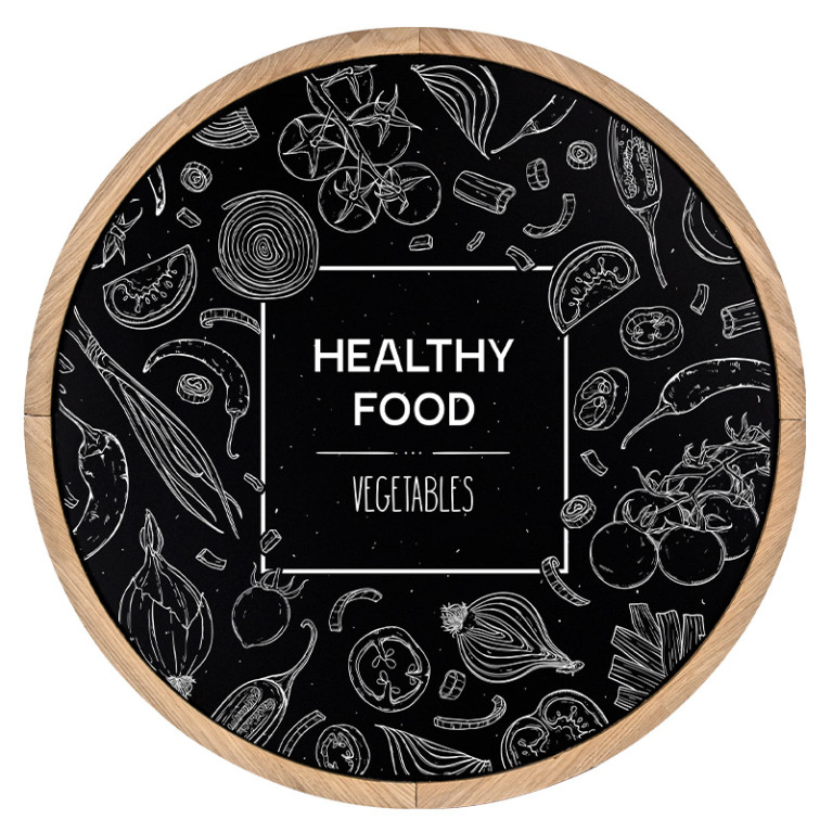 Krijtbord Rond 60 cm Ongelakt Eiken – Vooraanzicht met healthy food krijttekening